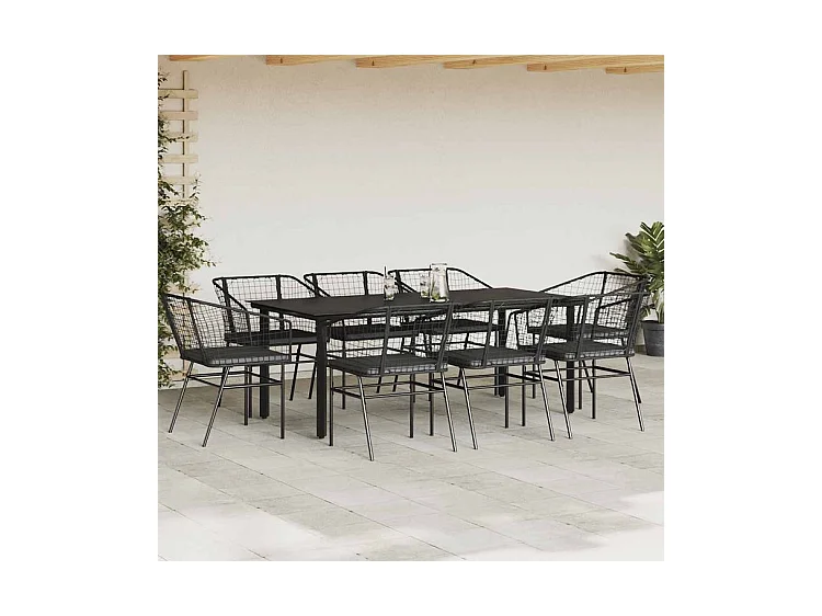 Ensemble à manger de jardin coussins 9pcs noir poly rotin verre