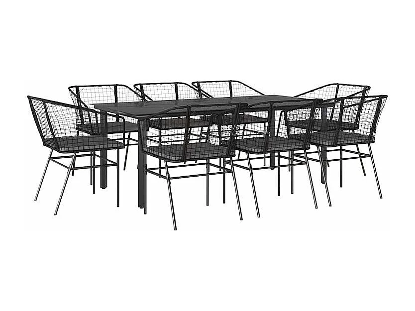 Ensemble à manger de jardin coussins 9pcs noir poly rotin verre