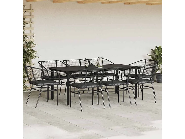 Ensemble à manger de jardin coussins 9pcs noir poly rotin verre