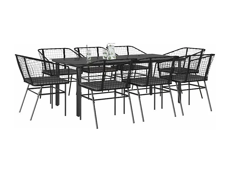 Ensemble à manger de jardin coussins 9pcs noir poly rotin verre