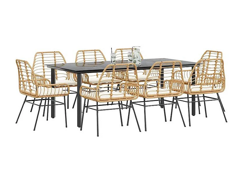Ensemble à manger jardin coussins 9pcs marron poly rotin verre