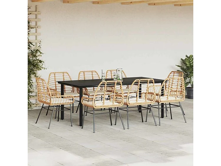 Ensemble à manger jardin coussins 9pcs marron poly rotin verre