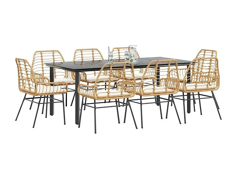 Ensemble à manger jardin coussins 9pcs marron poly rotin verre