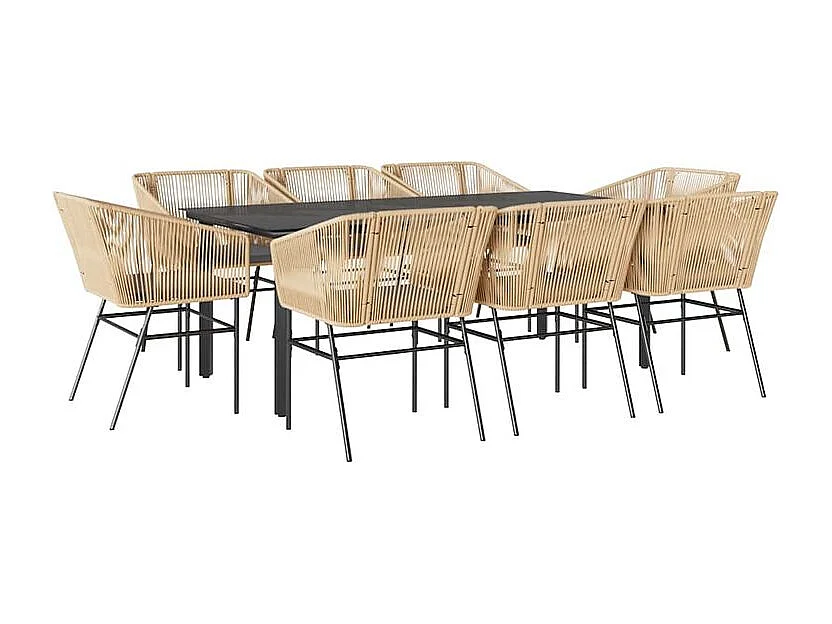 Ensemble à manger jardin coussins 9pcs marron poly rotin verre