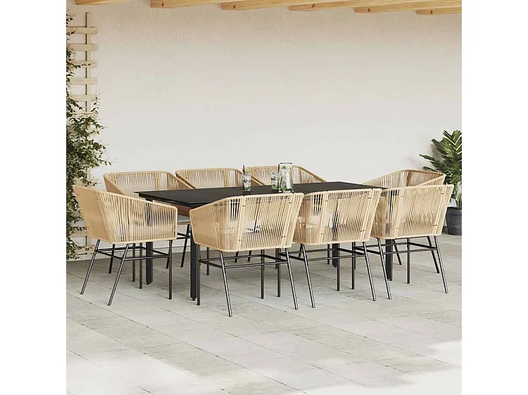 Ensemble à manger jardin coussins 9pcs marron poly rotin verre