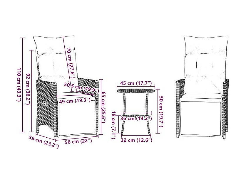 Ensemble de bistro 3 pcs avec coussins marron résine tressée