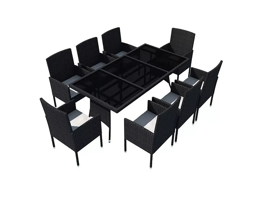 Table rectangulaire et 8 chaises de jardin résine tressée noir Kael