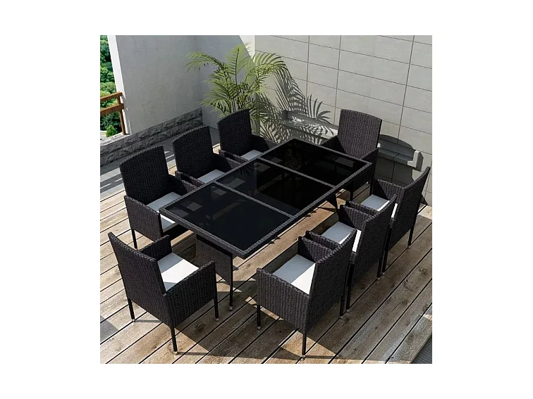 Table rectangulaire et 8 chaises de jardin résine tressée noir Kael