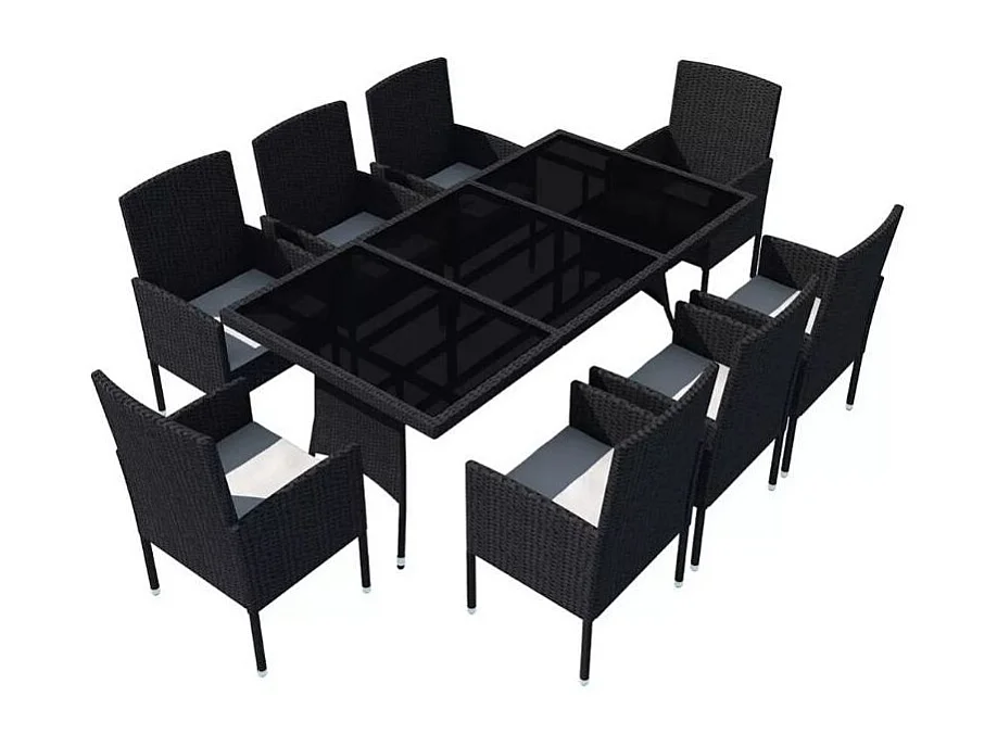Table rectangulaire et 8 chaises de jardin résine tressée noir Kael