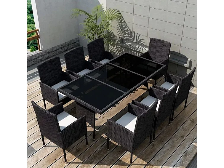 Table rectangulaire et 8 chaises de jardin résine tressée noir Kael