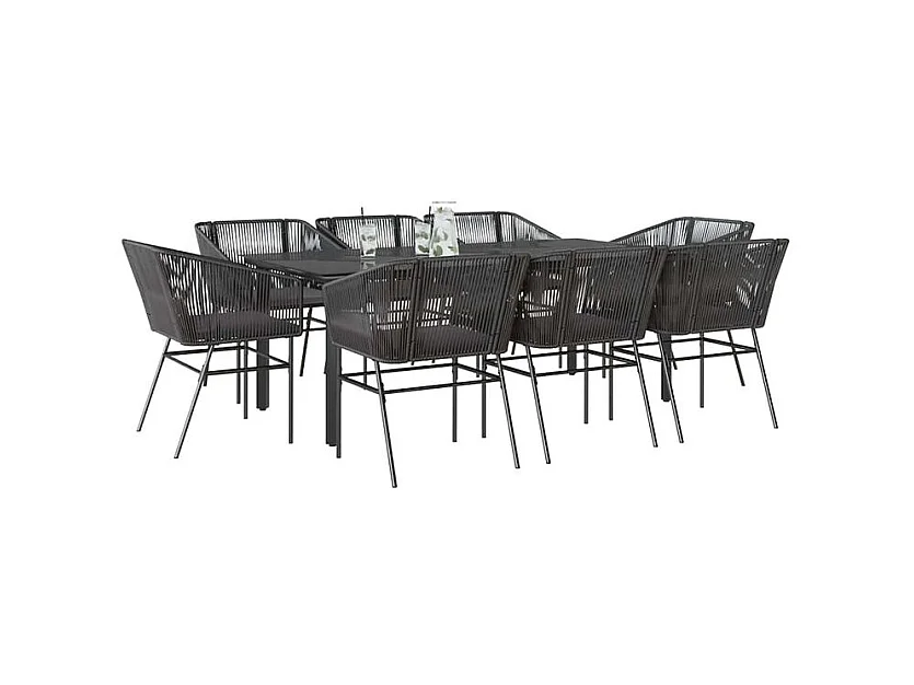 Ensemble à manger de jardin coussins 9pcs noir poly rotin verre