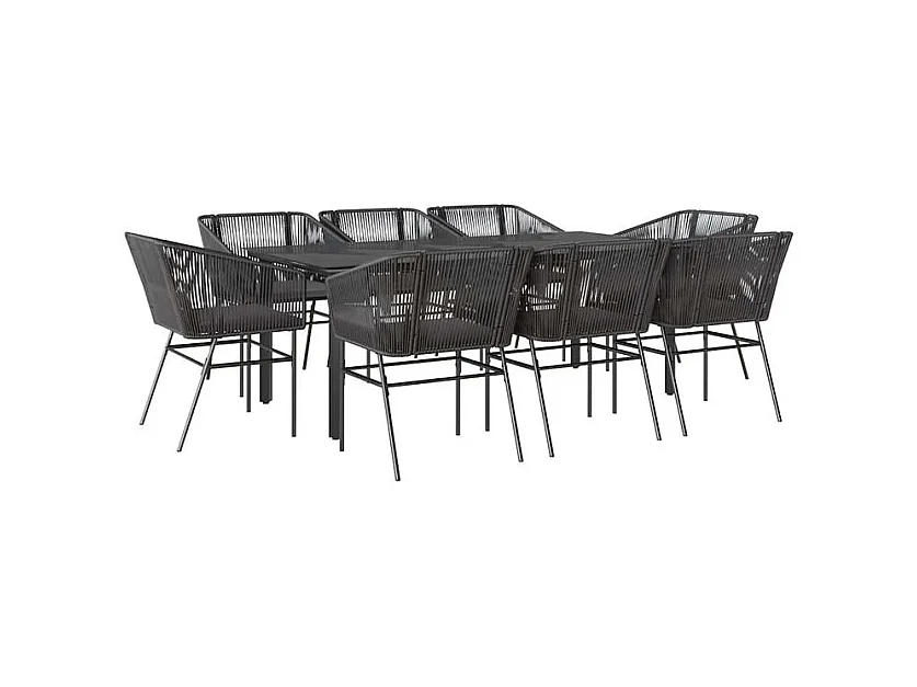 Ensemble à manger de jardin coussins 9pcs noir poly rotin verre
