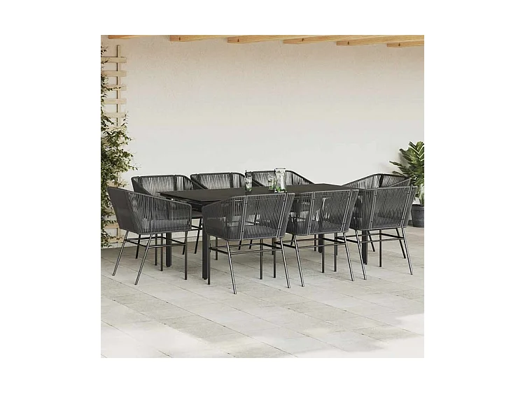 Ensemble à manger de jardin coussins 9pcs noir poly rotin verre