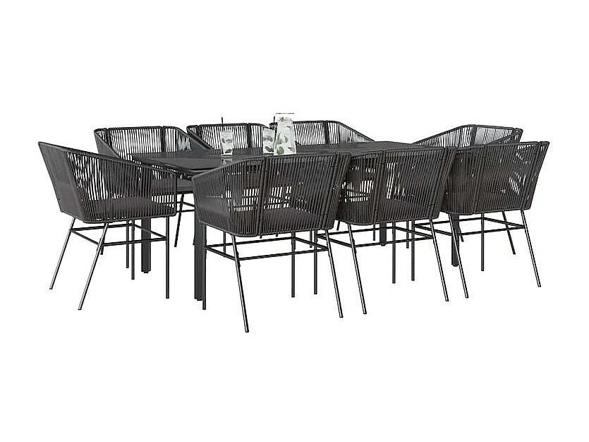 Ensemble à manger de jardin coussins 9pcs noir poly rotin verre