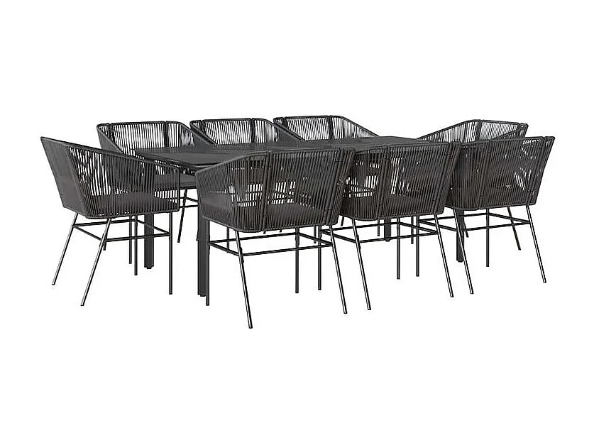 Ensemble à manger de jardin coussins 9pcs noir poly rotin verre