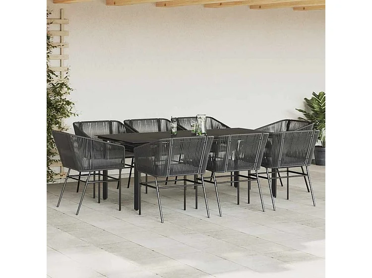 Ensemble à manger de jardin coussins 9pcs noir poly rotin verre
