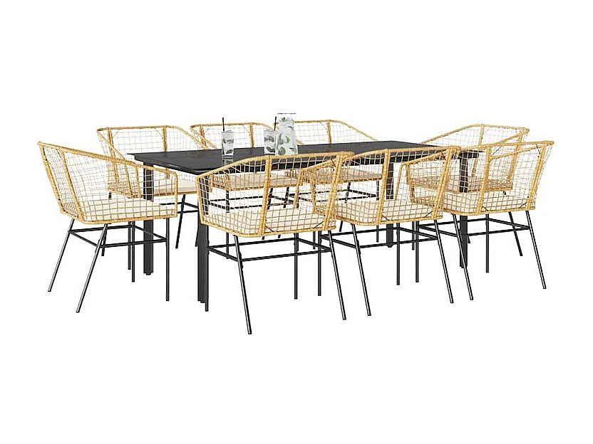 Ensemble à manger jardin coussins 9pcs marron poly rotin verre