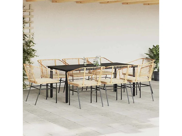 Ensemble à manger jardin coussins 9pcs marron poly rotin verre