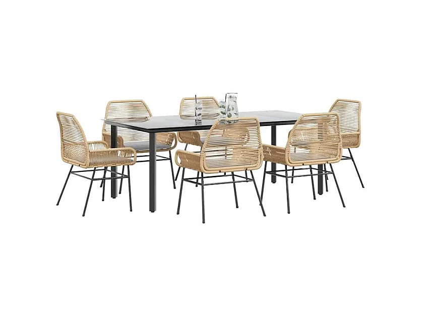 Ensemble à manger jardin coussins 7pcs marron poly rotin verre