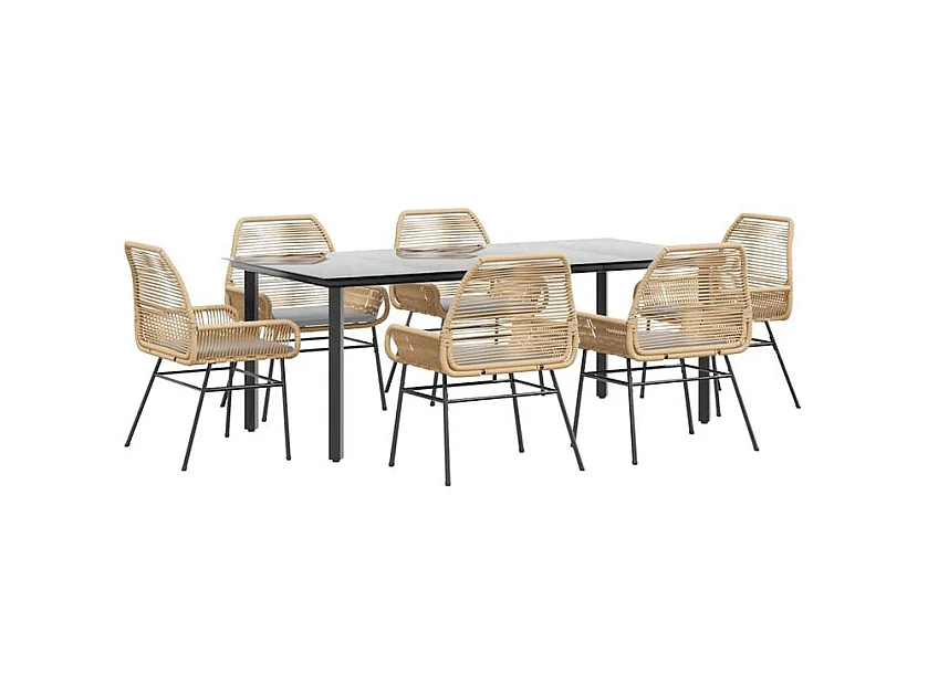 Ensemble à manger jardin coussins 7pcs marron poly rotin verre