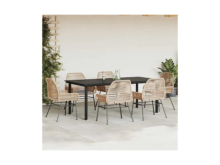 Ensemble à manger jardin coussins 7pcs marron poly rotin verre