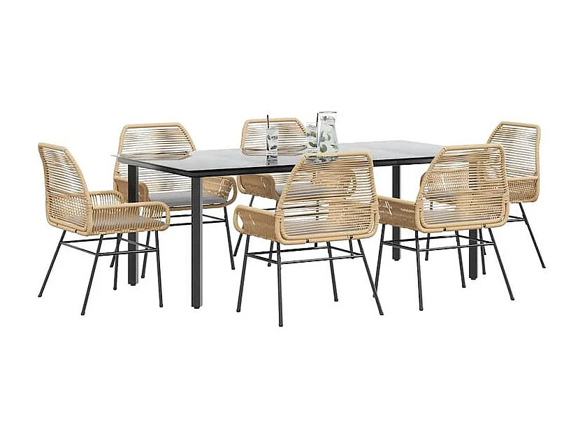Ensemble à manger jardin coussins 7pcs marron poly rotin verre