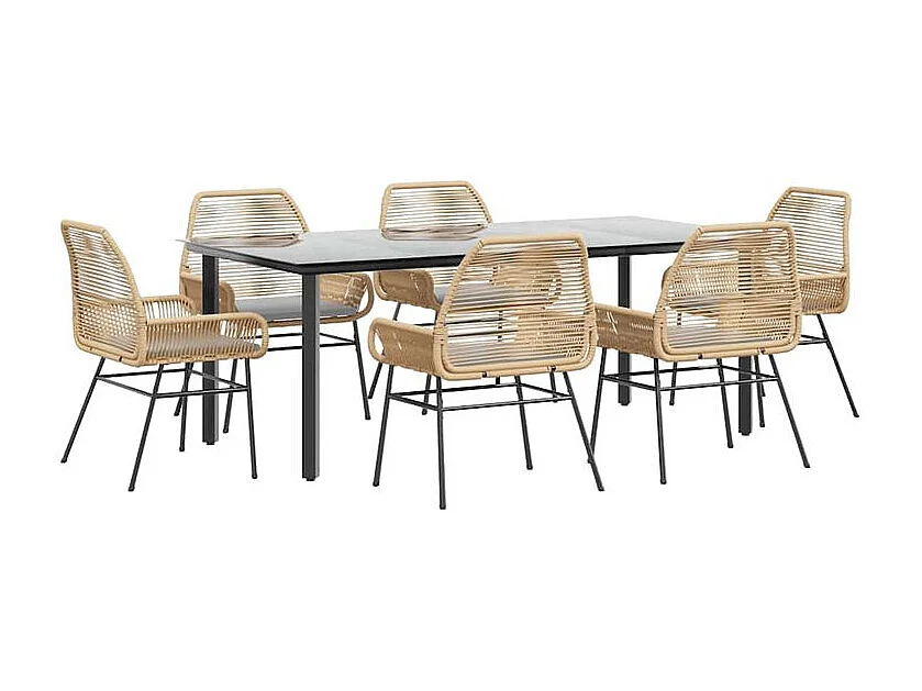 Ensemble à manger jardin coussins 7pcs marron poly rotin verre