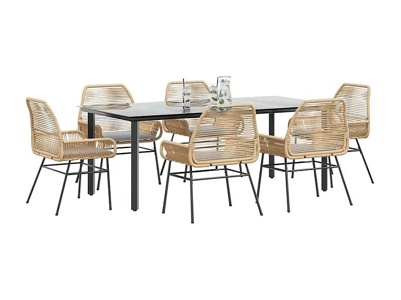 Ensemble à manger jardin coussins 7pcs marron poly rotin verre