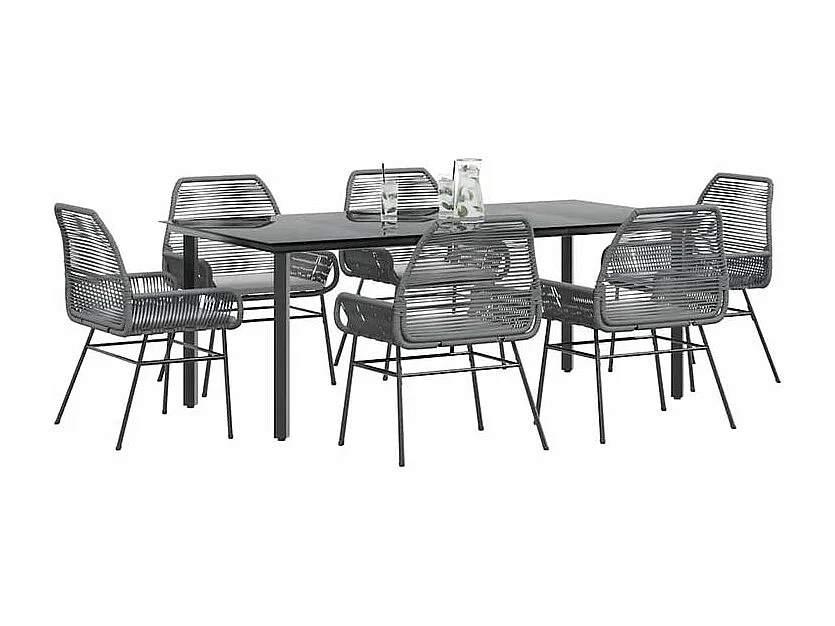 Ensemble à manger jardin coussins 7 pcs gris poly rotin verre