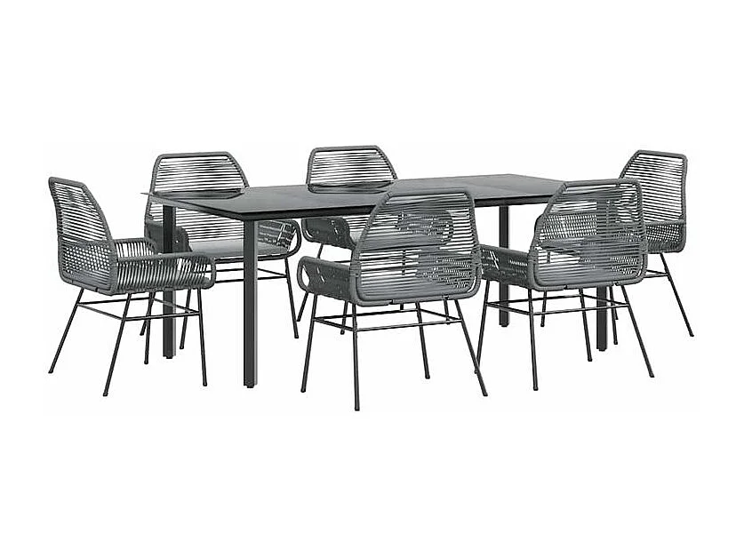 Ensemble à manger jardin coussins 7 pcs gris poly rotin verre