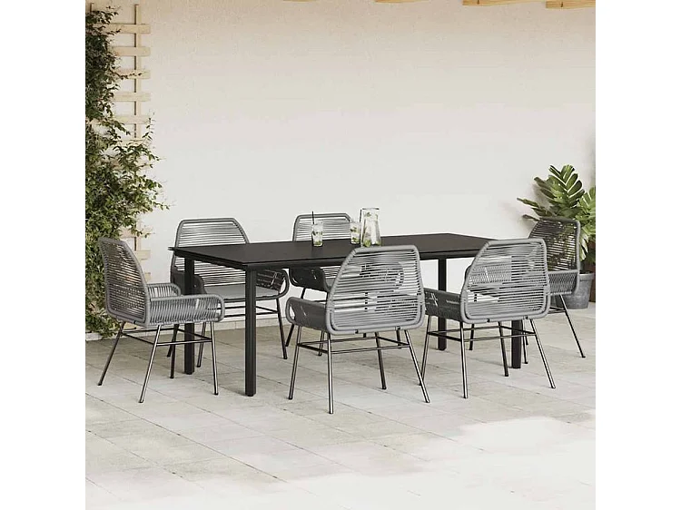 Ensemble à manger jardin coussins 7 pcs gris poly rotin verre