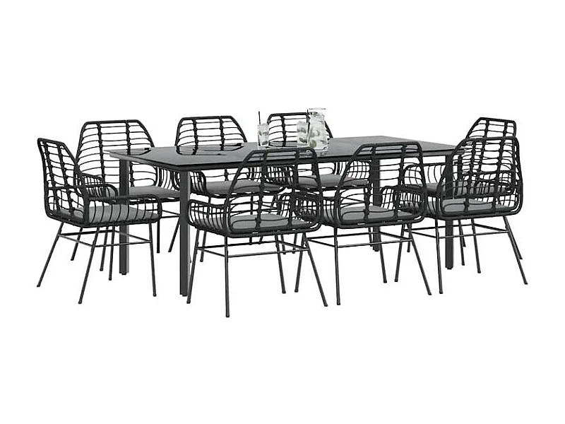 Ensemble à manger de jardin coussins 9pcs noir poly rotin verre