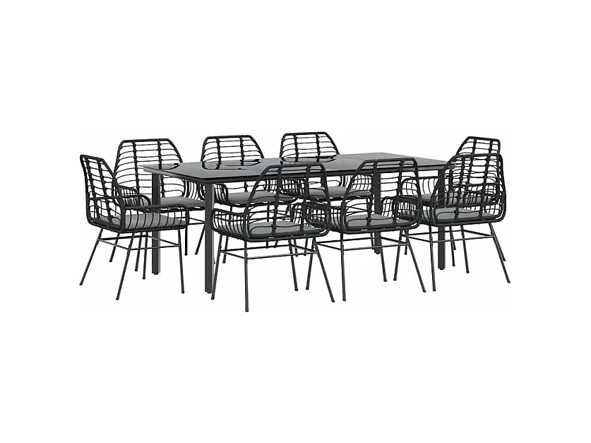 Ensemble à manger de jardin coussins 9pcs noir poly rotin verre