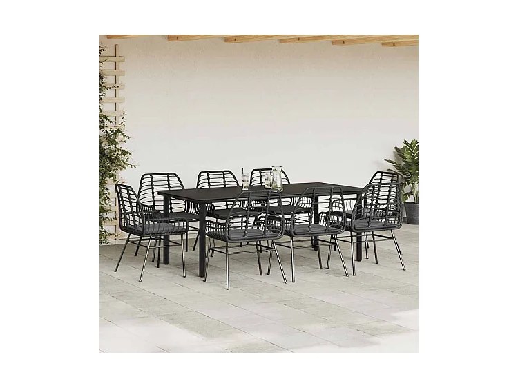 Ensemble à manger de jardin coussins 9pcs noir poly rotin verre