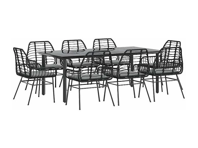 Ensemble à manger de jardin coussins 9pcs noir poly rotin verre