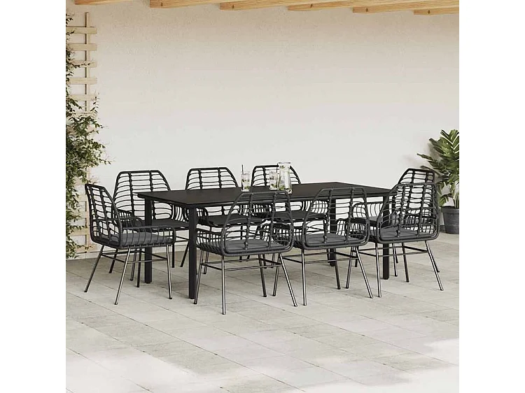 Ensemble à manger de jardin coussins 9pcs noir poly rotin verre