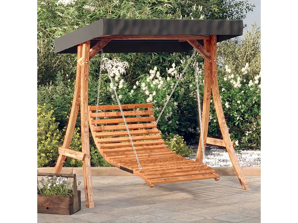 Lit balançoire et auvent bois massif d'épicéa et finition teck