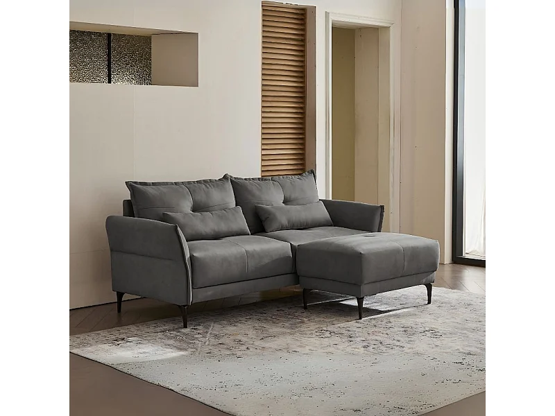 Divano 3 Posti Nutmeg con pouf in tessuto grigio scuro 196x76x86H