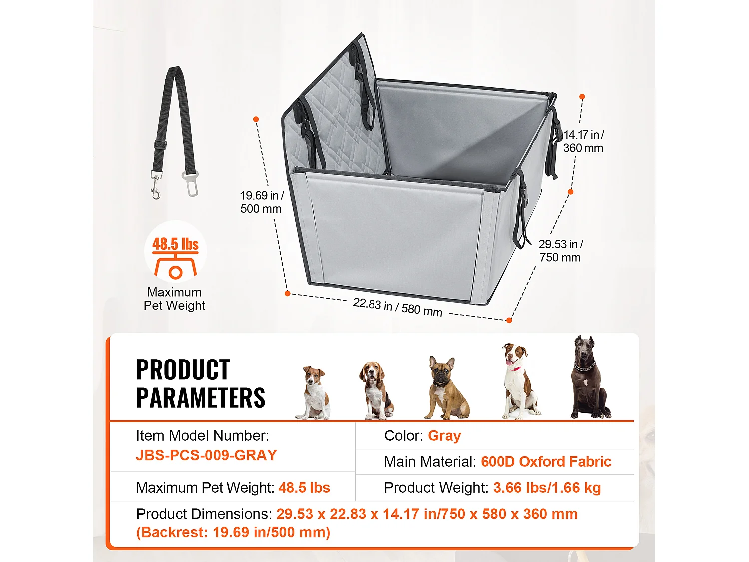 Siège Auto pour Chien SucceBuy, Convient aux Chiens S/M/L jusqu'à 22 kg, Gris