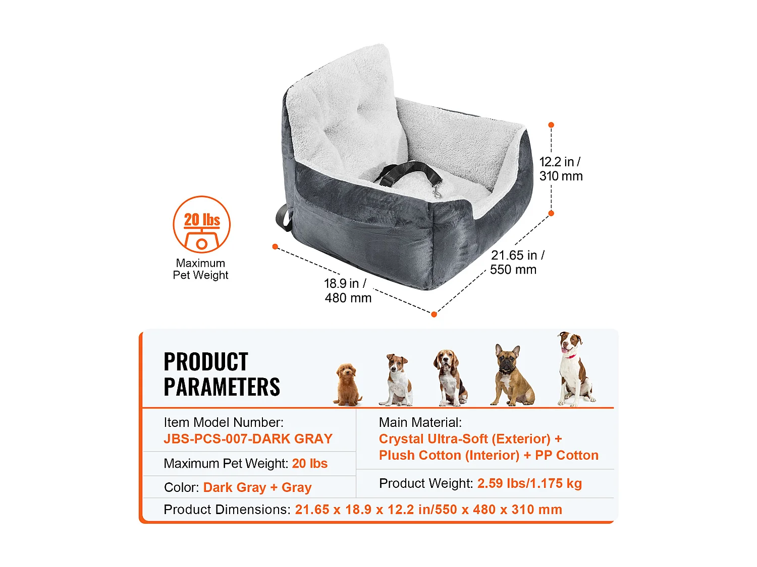 Silla de Coche para Perros SucceBuy, Tamaño Pequeño (Hasta 9 kg), Color Gris Oscuro