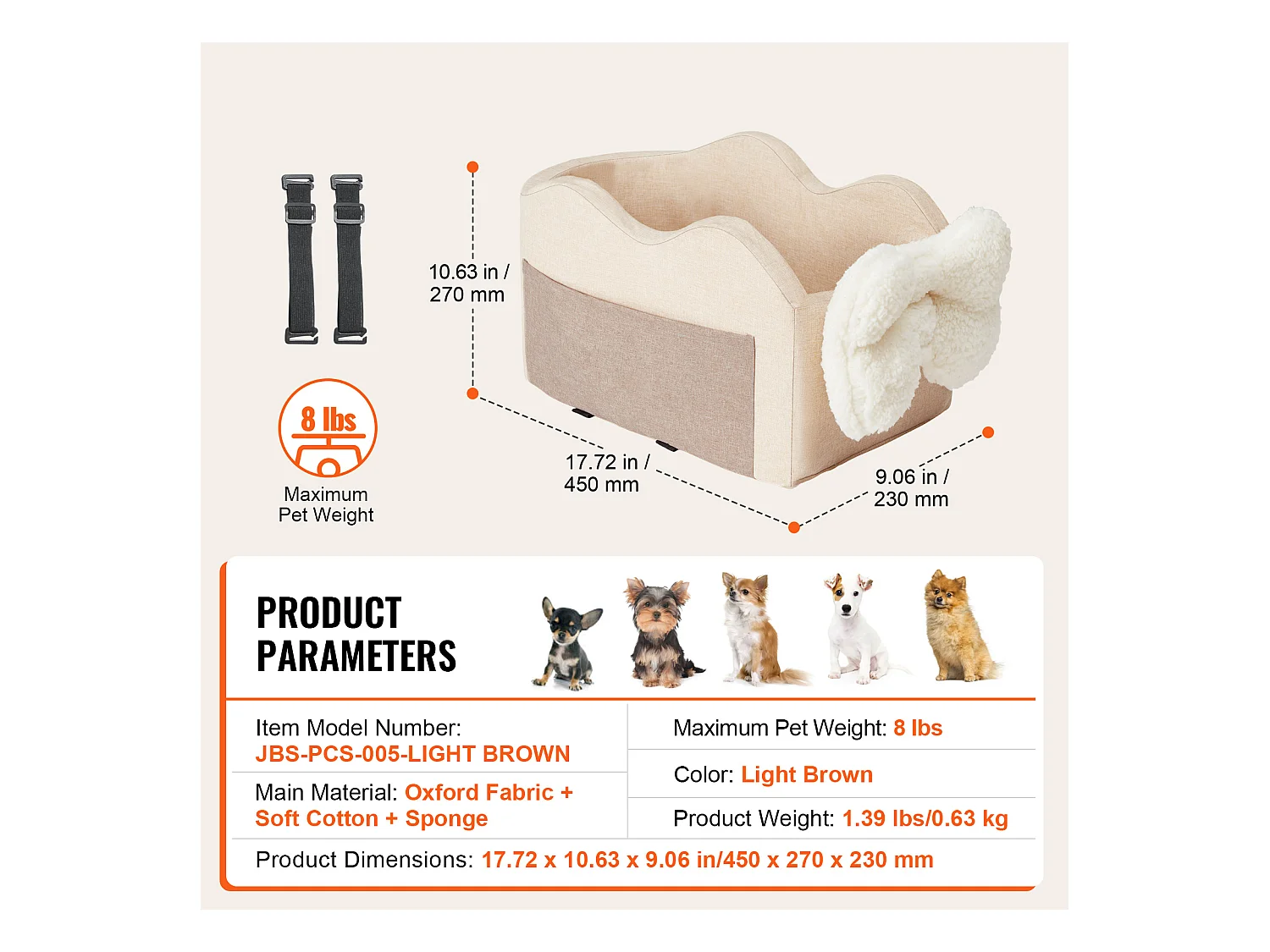 Siège Auto pour Chien SucceBuy, Console Centrale pour Chien Petit (3,6 kg), Couleur Marron Clair