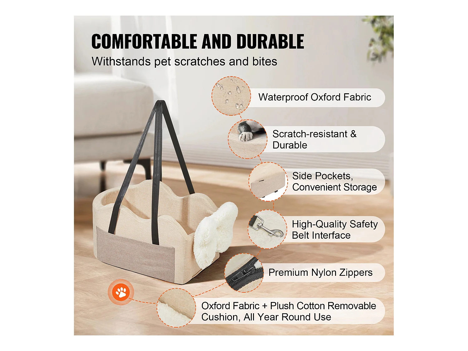 Siège Auto pour Chien SucceBuy, Console Centrale pour Chien Petit (3,6 kg), Couleur Marron Clair