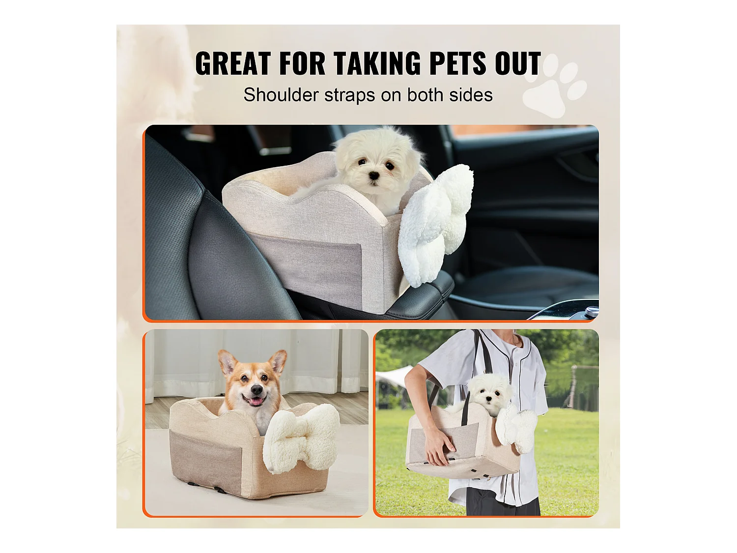 Siège Auto pour Chien SucceBuy, Console Centrale pour Chien Petit (3,6 kg), Couleur Marron Clair