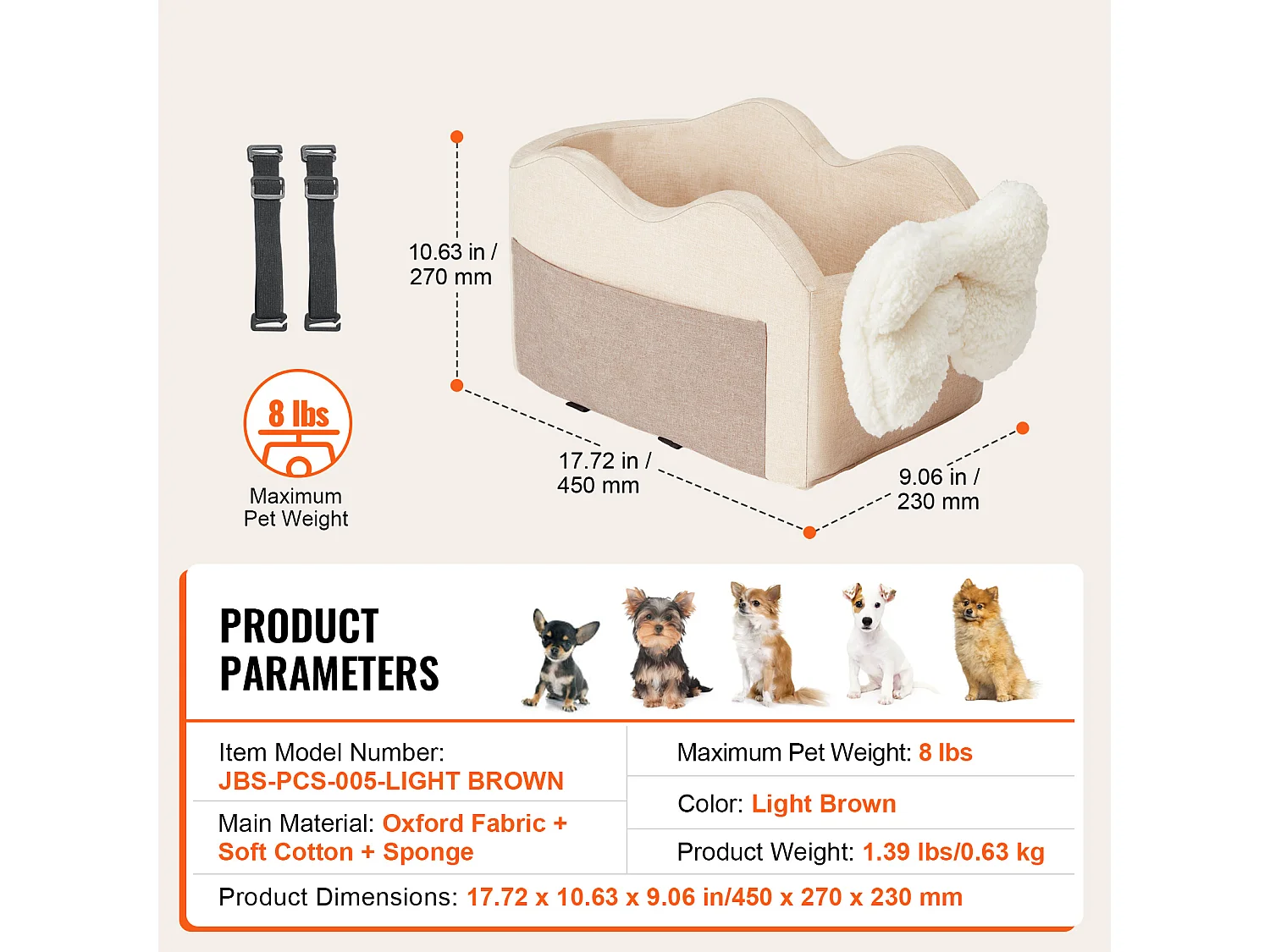 Seggiolino Auto a Console Centrale per Cane SucceBuy, Taglia Piccola (3,6 kg), Colore Marrone Chiaro
