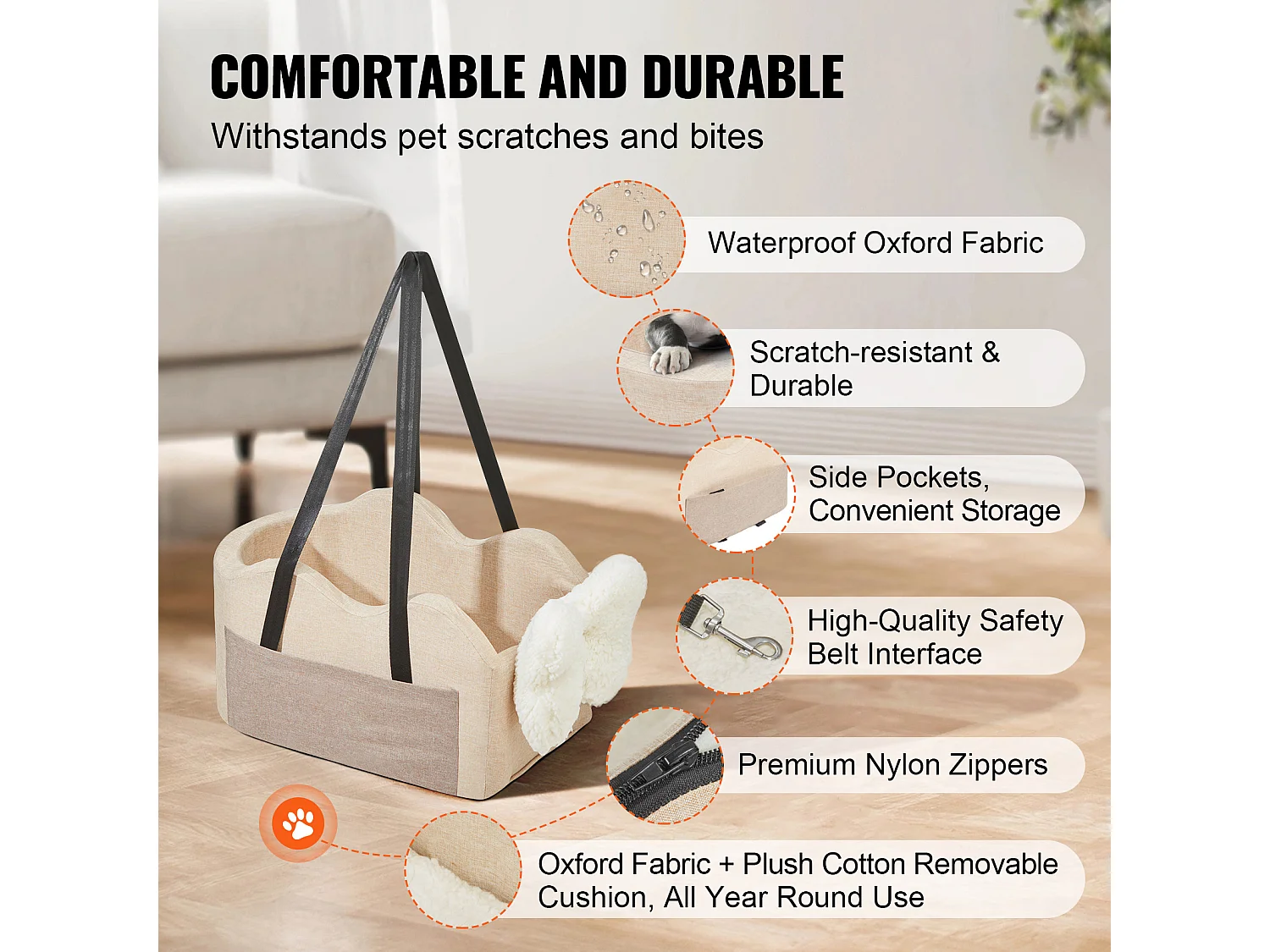 Seggiolino Auto a Console Centrale per Cane SucceBuy, Taglia Piccola (3,6 kg), Colore Marrone Chiaro