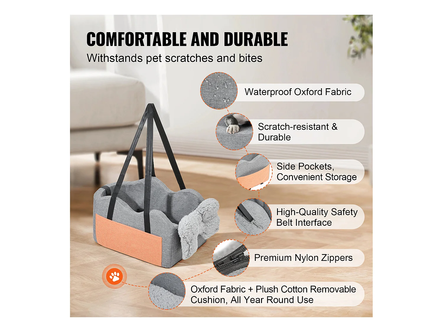 Siège Auto pour Chien SucceBuy, Console Centrale pour Petit Chien (3,6 kg), Gris Foncé