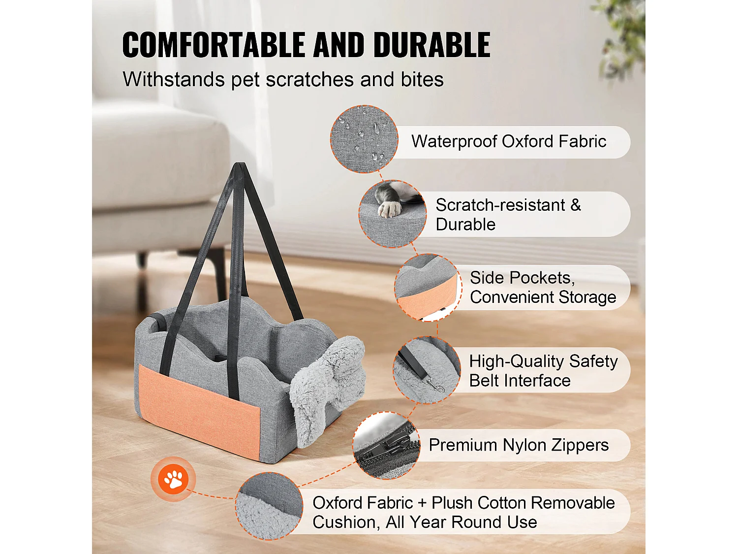 Siège Auto pour Chien SucceBuy, Console Centrale pour Petit Chien (3,6 kg), Gris Foncé