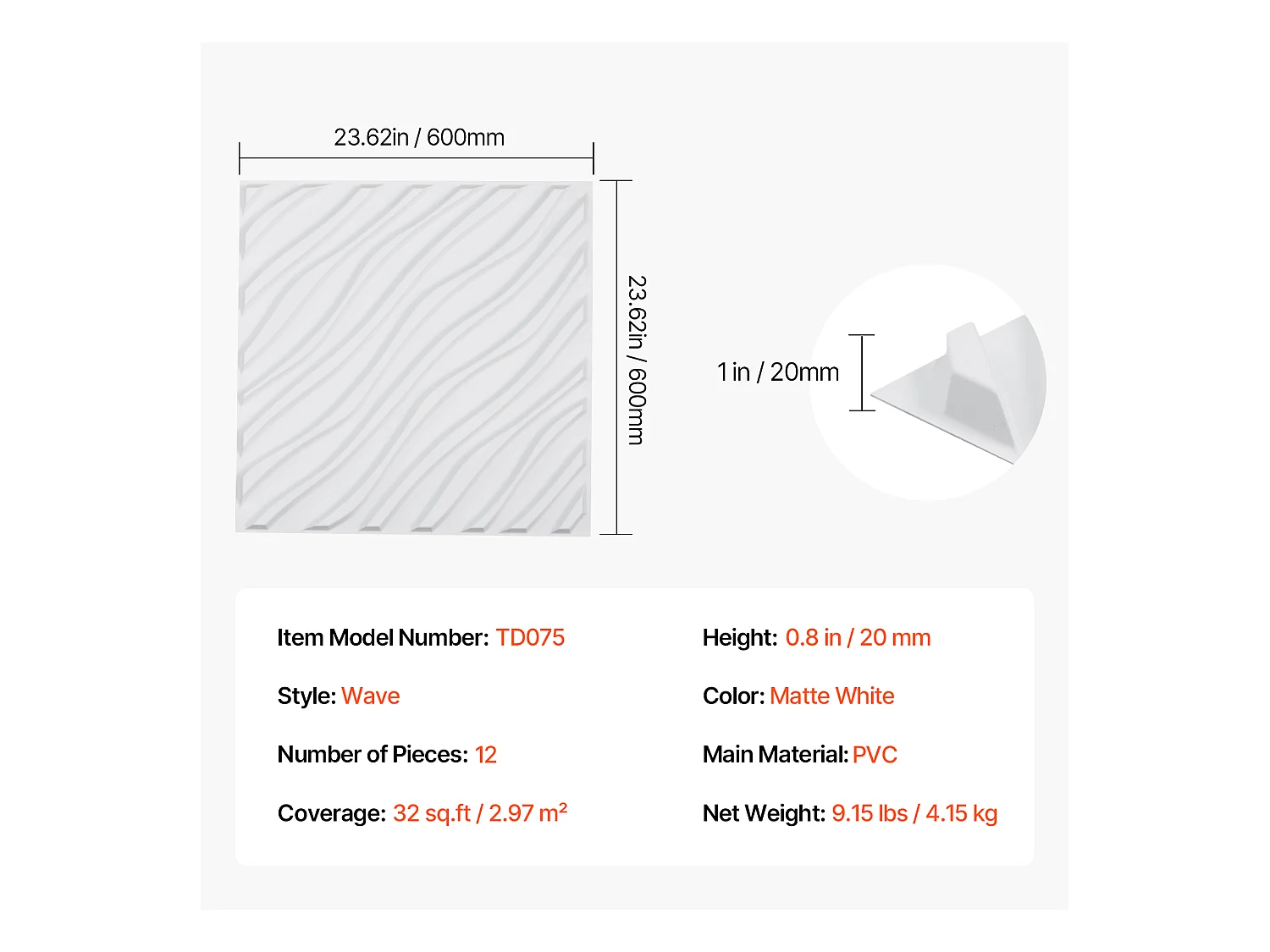 Panneaux Muraux 3D SucceBuy, Lot de 12, 50 x 50 cm, PVC Ondulé, Couverture de 3 m², Blanc Mat