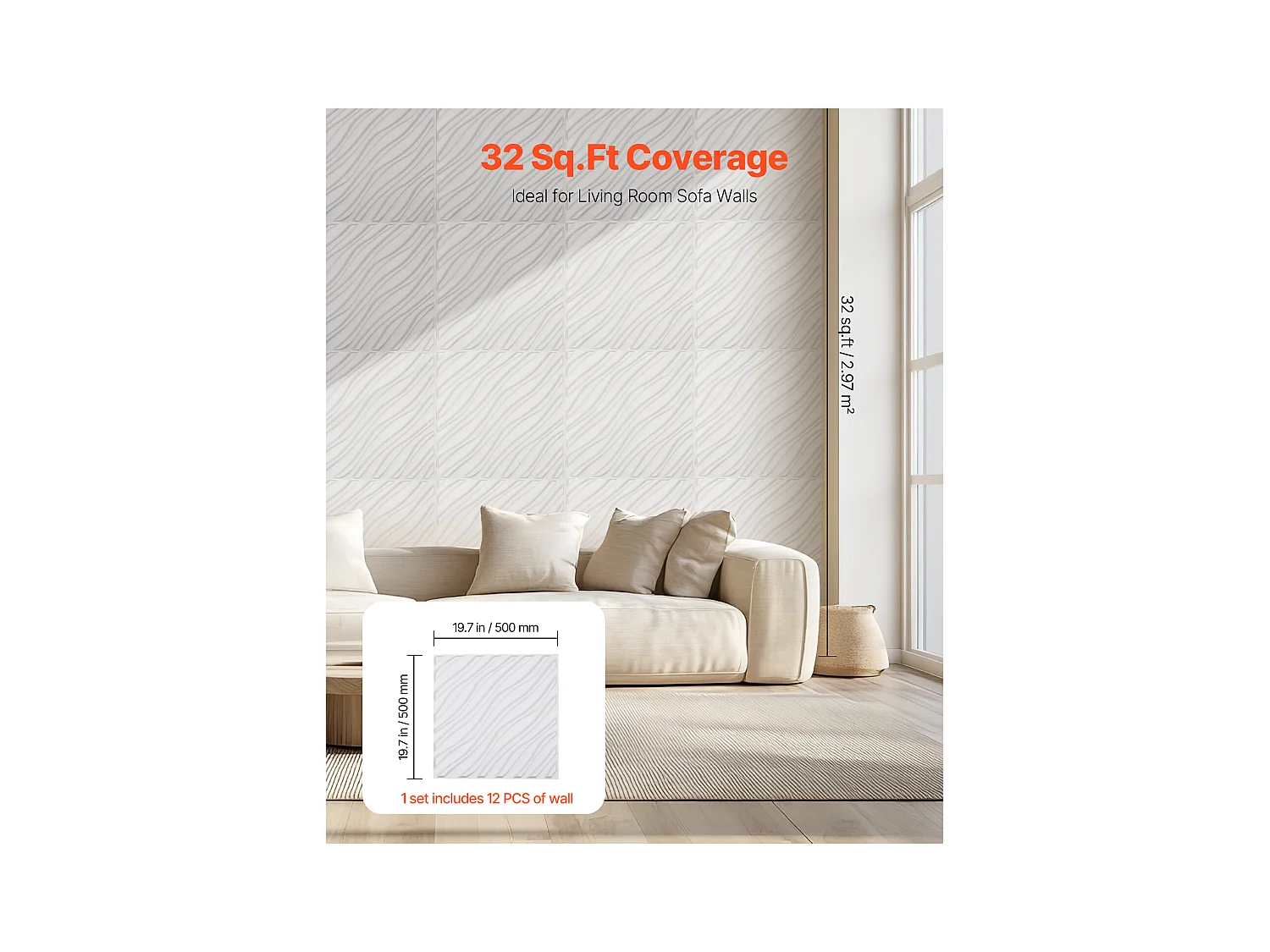 Panneaux Muraux 3D SucceBuy, Lot de 12, 50 x 50 cm, PVC Ondulé, Couverture de 3 m², Blanc Mat