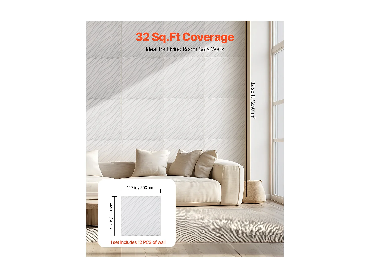 Panneaux Muraux 3D SucceBuy, Lot de 12, 50 x 50 cm, PVC Ondulé, Couverture de 3 m², Blanc Mat